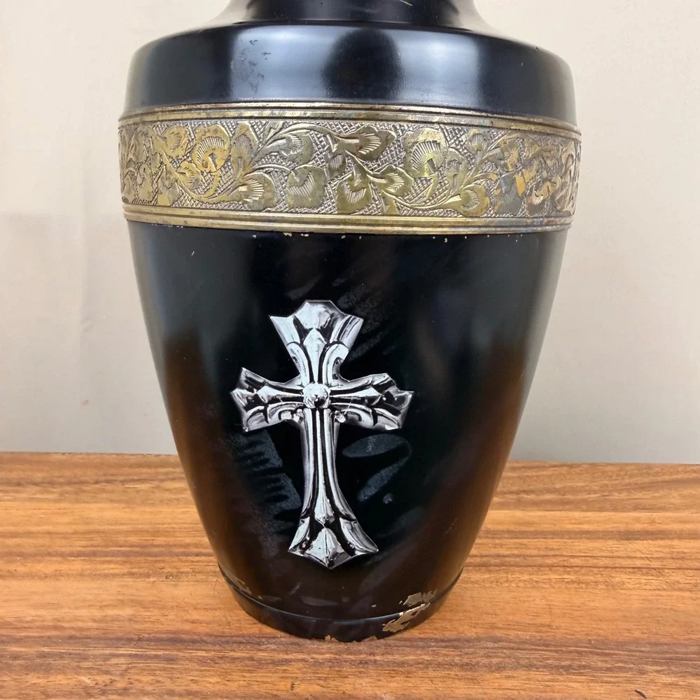 Vintage Black Metal Cremation Urn Silver Cross and Brass Band 12.5in Halloween